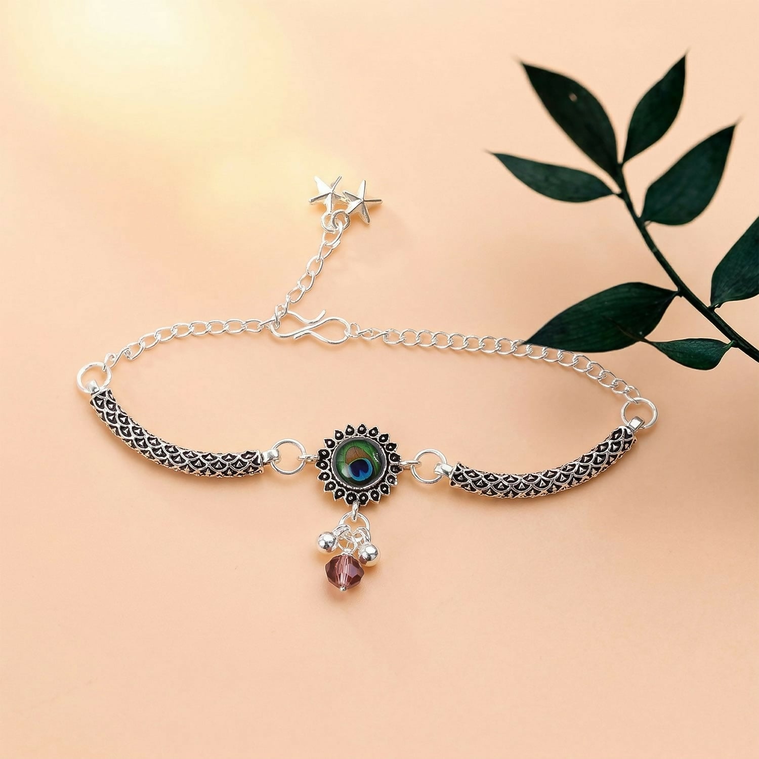 Peacock Stone Silver Charm Bracelet with Adjustable Chain for Women