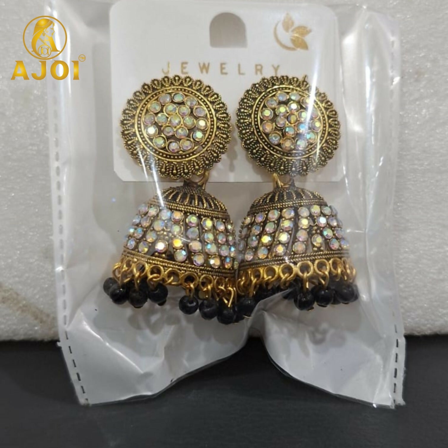 Antique Gold Pearl Jhumka Earrings with Black Bead Drop for Ethnic Wear