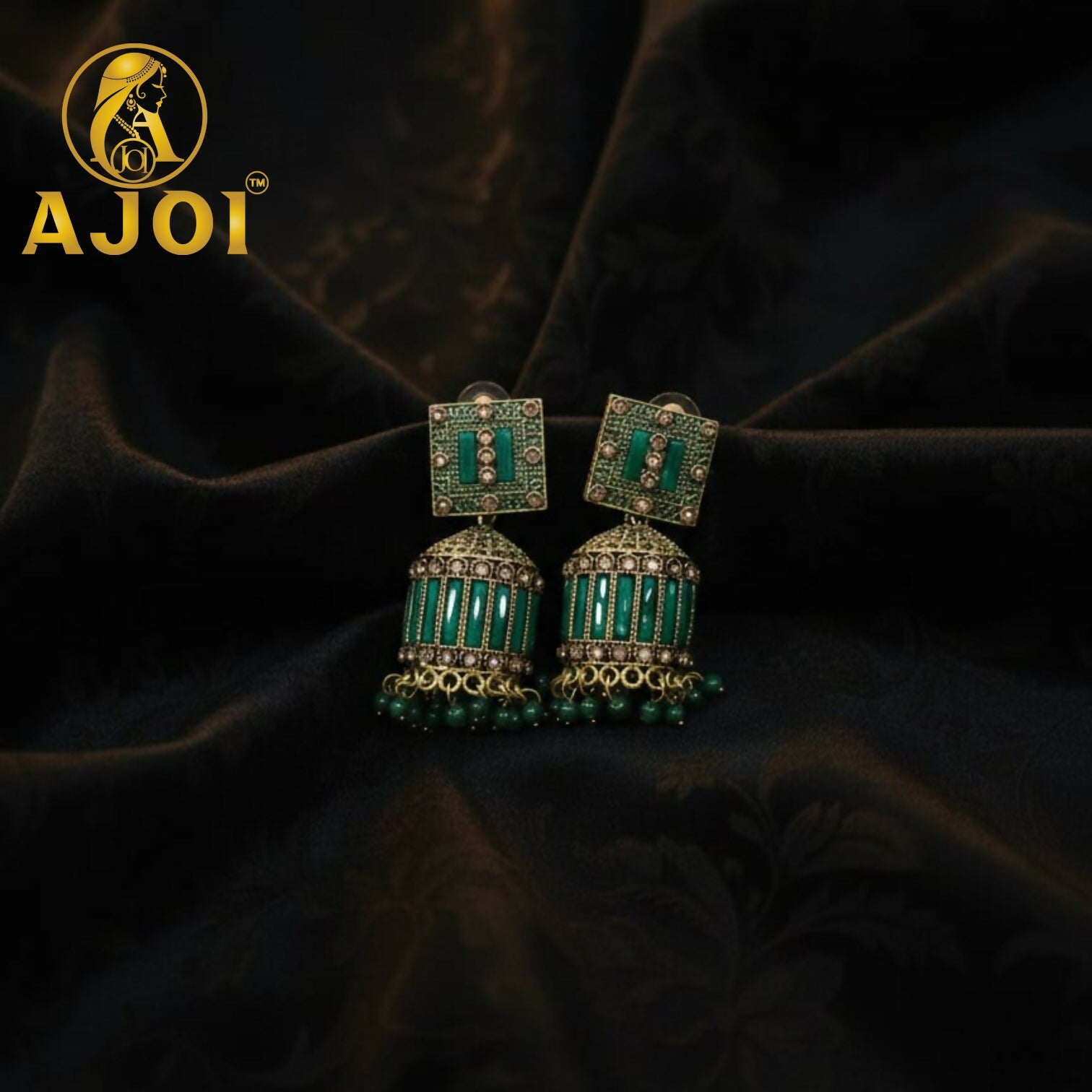 Royal Emerald Green Designer Earrings with Statement Drop and Stone Accents