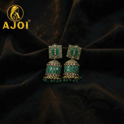 Royal Emerald Green Designer Earrings with Statement Drop and Stone Accents