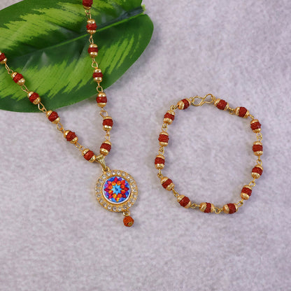 Rudraksha Necklace & Bracelet Set with Colorful Pendant