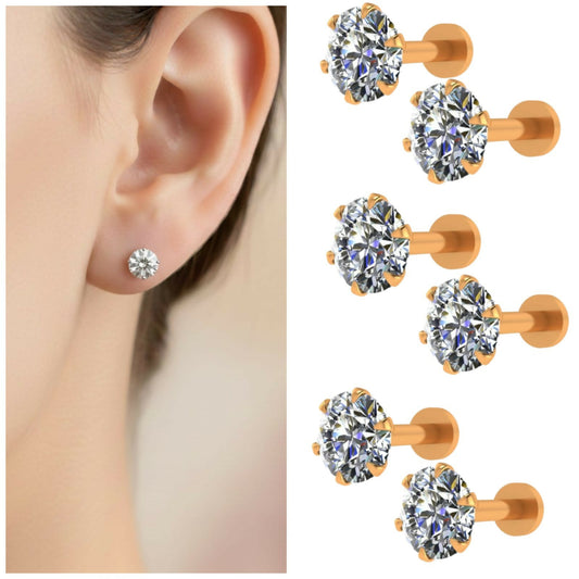 Gold Plated Round Cut AD Stud Earrings for women and girls Combo Pack of 6