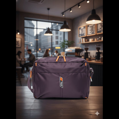 Open compartments of compact travel crossbody bag for tech and essentials