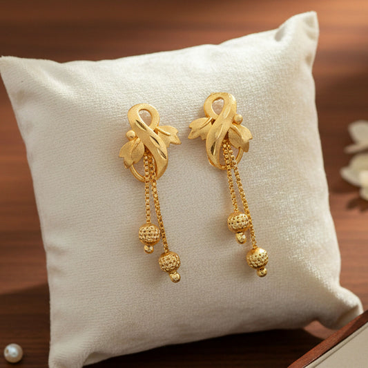 Regal Botanical Motif Gold Drop Earrings with Cascading Chain Bead Accents