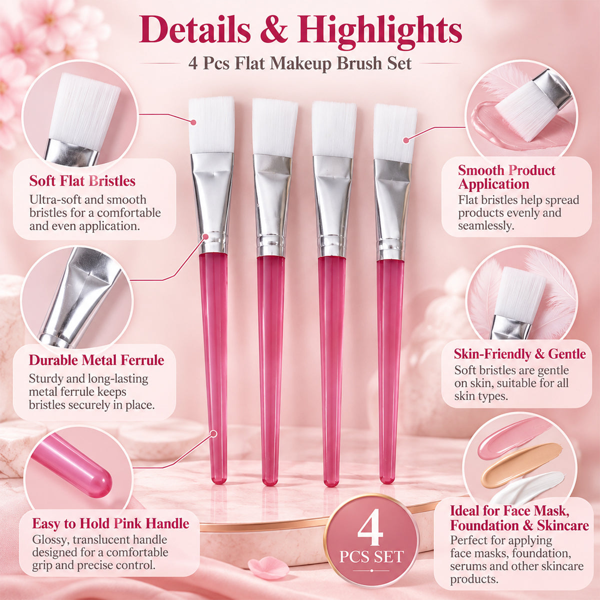 Flat Face Mask Brush Set for Even Skincare Application at Home and Salon (4 Pc)