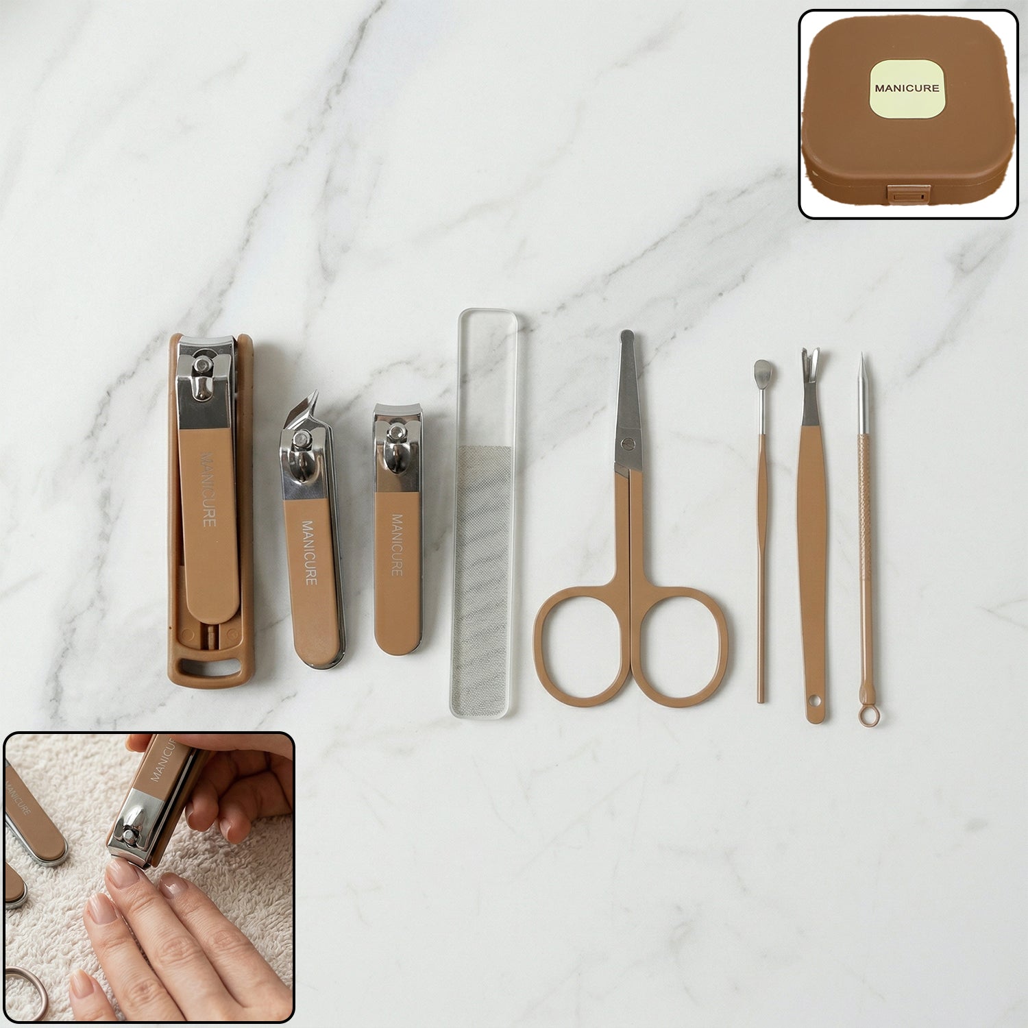 Professional manicure pedicure kit with tools laid out