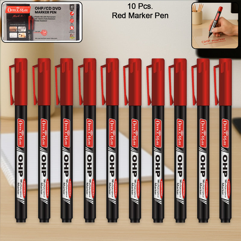Soni Officamate OHP/CD DVD Red Marker Pen – 10 Pc Permanent Writing Set
