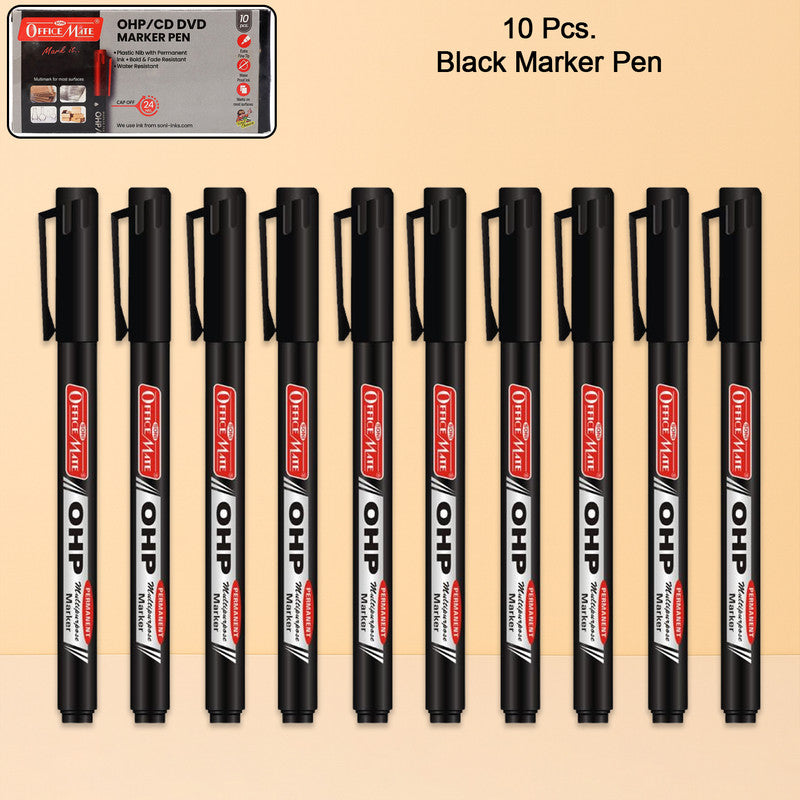 Office Mate OHP/CD DVD Black Marker Pen – 10 Pc Permanent Writing Set