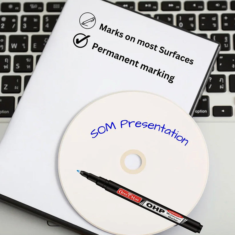 Soni Officamate OHP/CD DVD Blue Marker Pen – 10 Pc Permanent Multi-Surface Writing Set