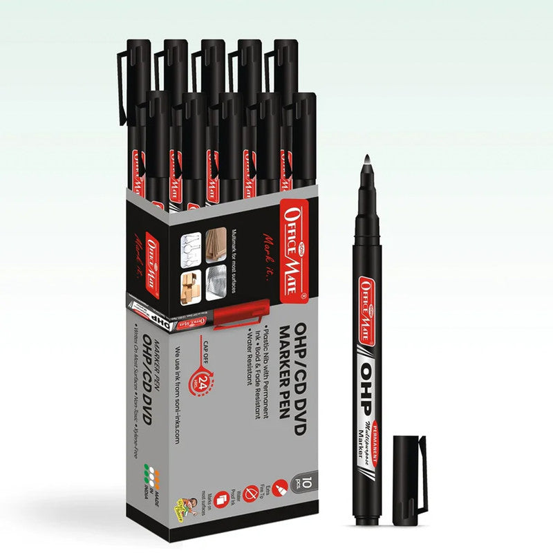 Office Mate OHP/CD DVD Black Marker Pen – 10 Pc Permanent Writing Set