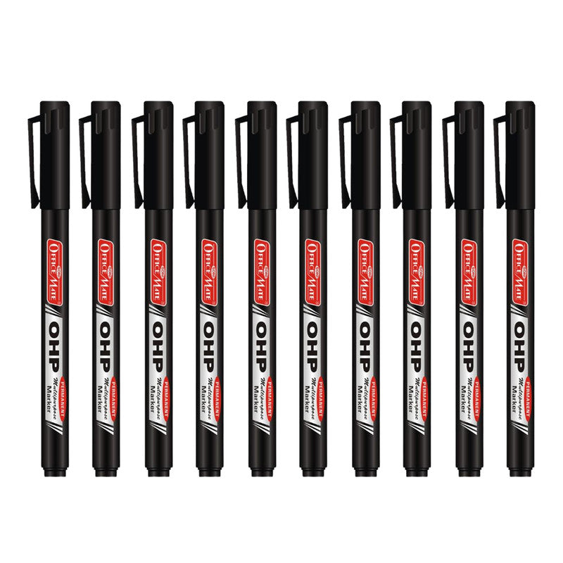 Office Mate OHP/CD DVD Black Marker Pen – 10 Pc Permanent Writing Set
