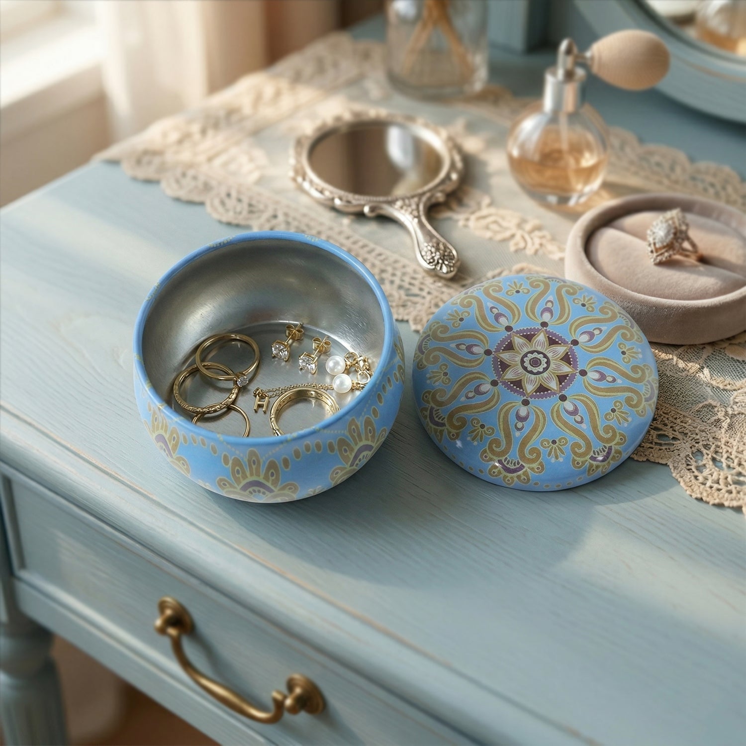 Colorful mandala printed metal storage box