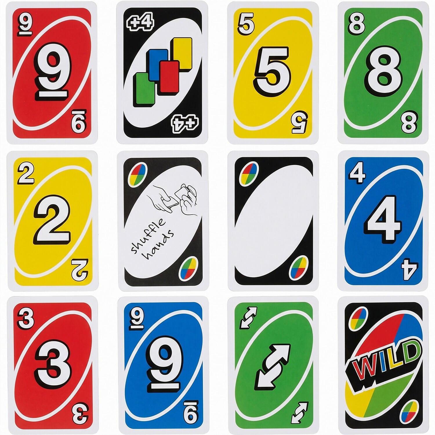 Close-up of UNO cards laid out on surface