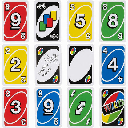 Close-up of UNO cards laid out on surface