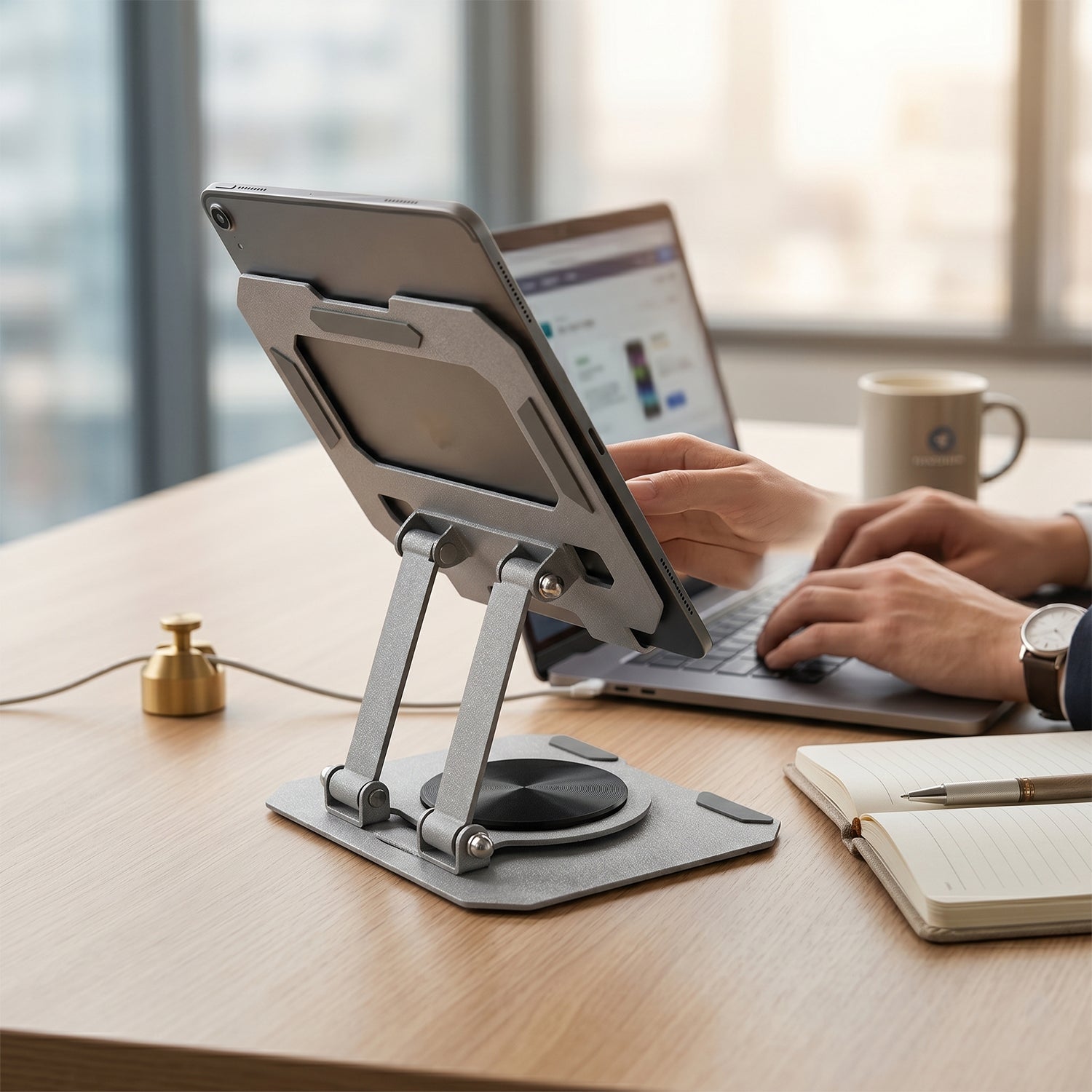 Adjustable metal tablet stand with anti-slip pads