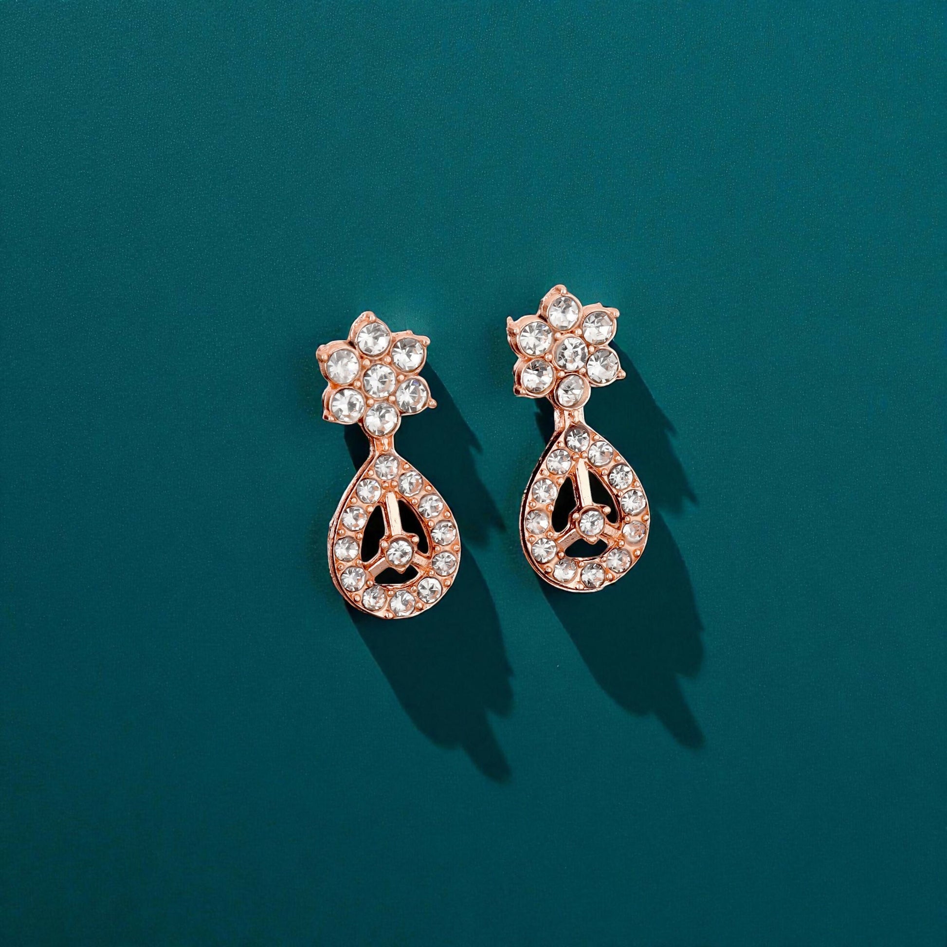 Elegant Crystal & Enamel Floral Link Necklace Set with Pearl Drop (Multiple Colors)