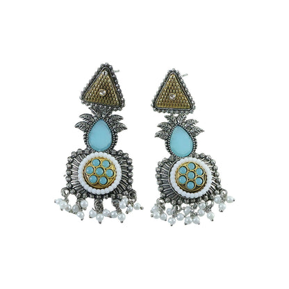 Vintage Oxidized Silver Dangle Earrings with Gold Tone & Pearl Tassel Drops