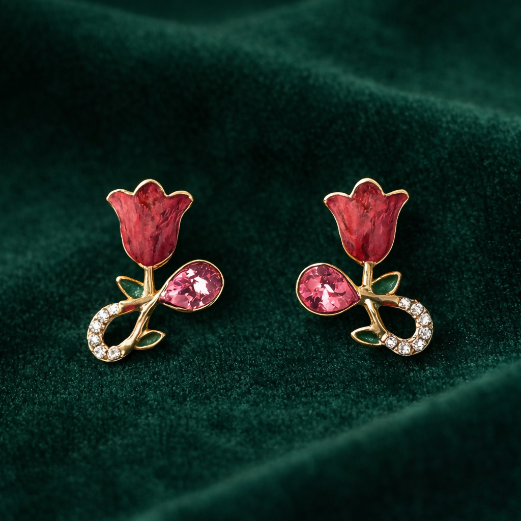 Woman wearing a gold plated rose floral crystal stud earring