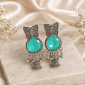 Oxidised Silver Tone Aqua Stone Butterfly Jhumka Earrings with Hanging Bead Charms