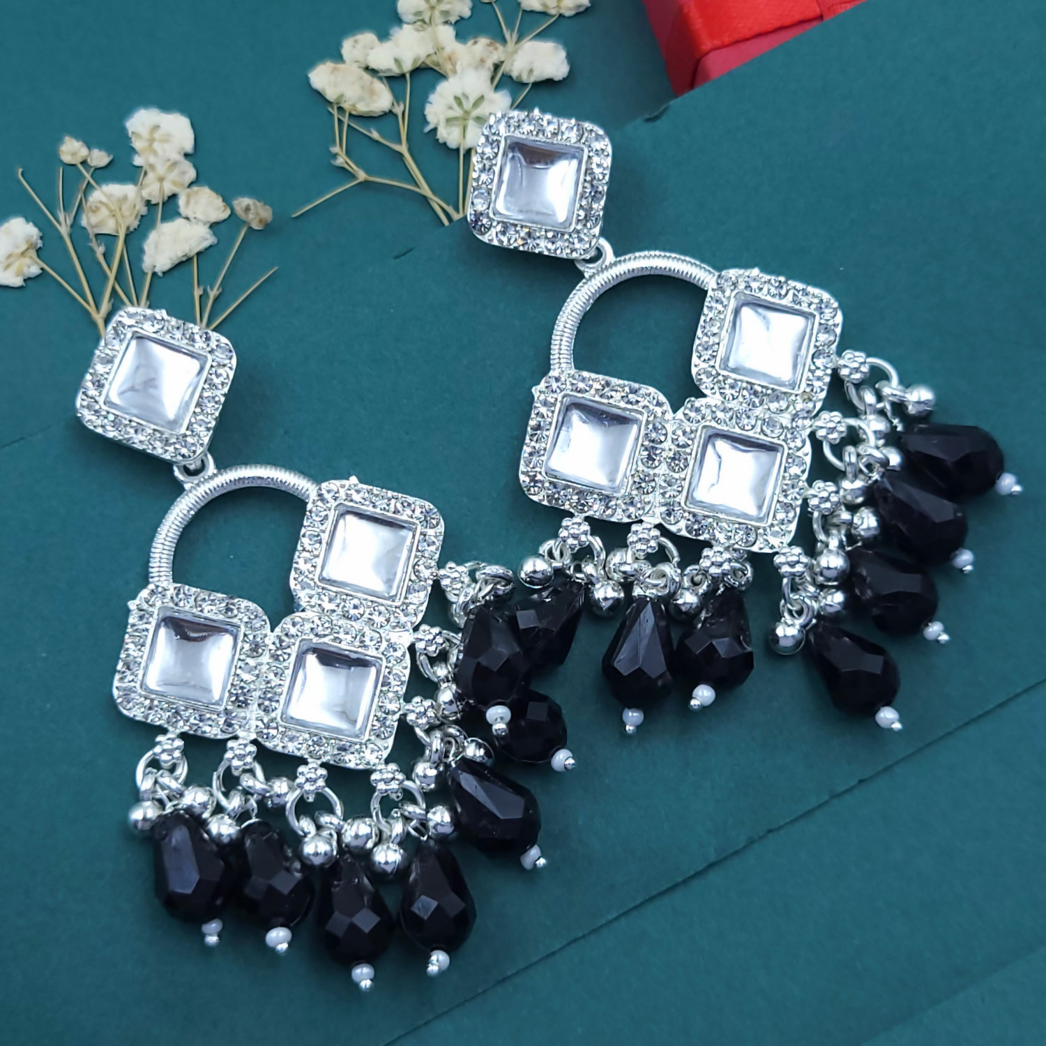 Elegant Silver Plated Chandelier Earrings Featuring Square Crystals and Black Teardrop Beads