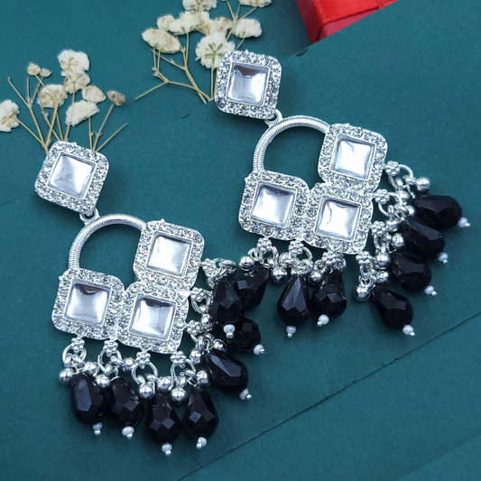 Elegant Silver Plated Chandelier Earrings Featuring Square Crystals and Black Teardrop Beads