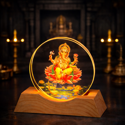 Lord Ganesha Acrylic LED Lamp with Wooden Base | Devotional Night Light