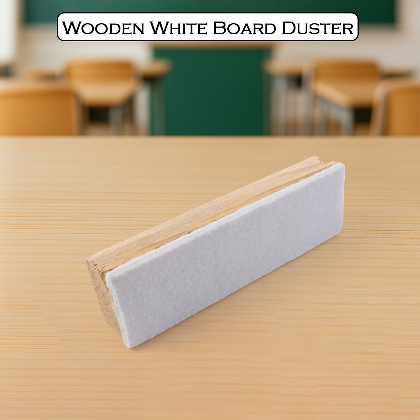 Wooden whiteboard duster angled on desk