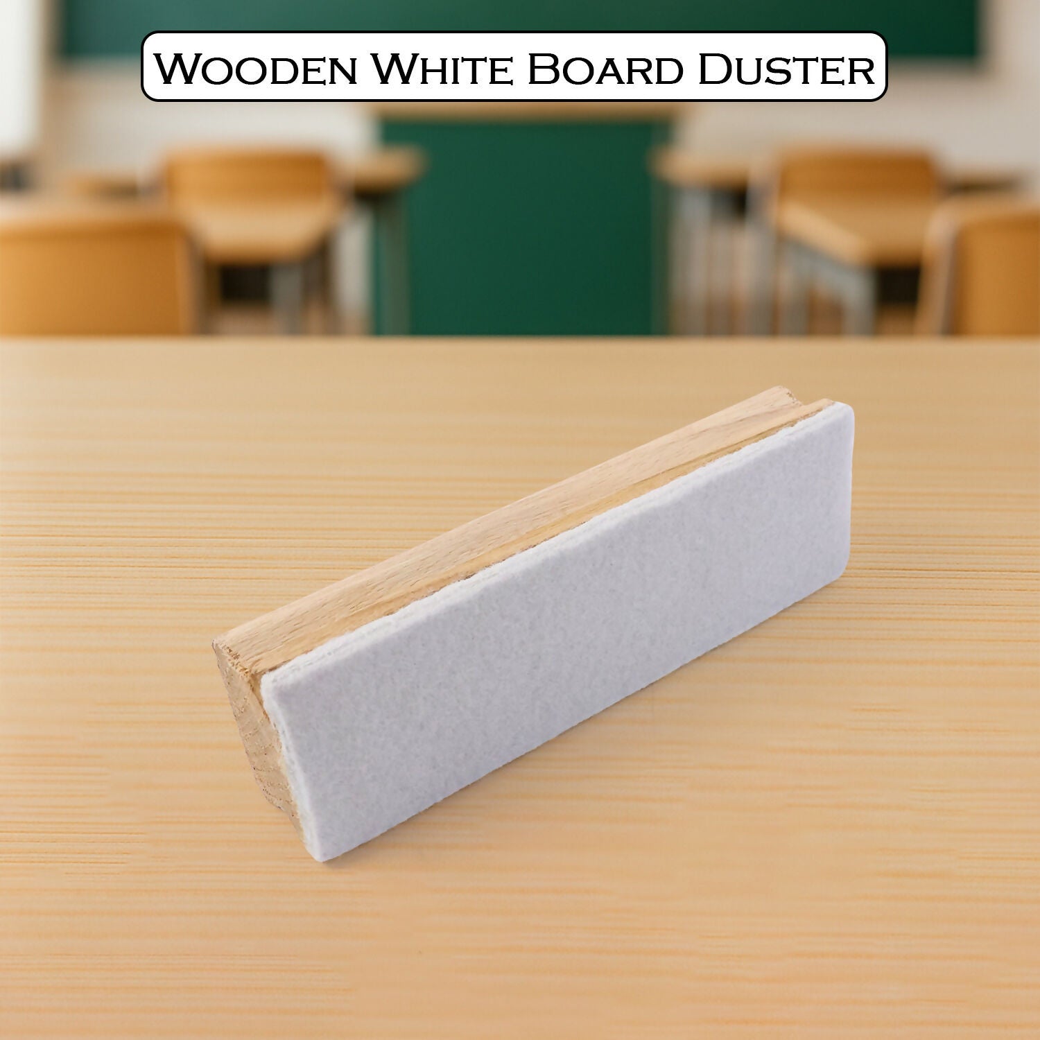 Wooden whiteboard duster angled on desk