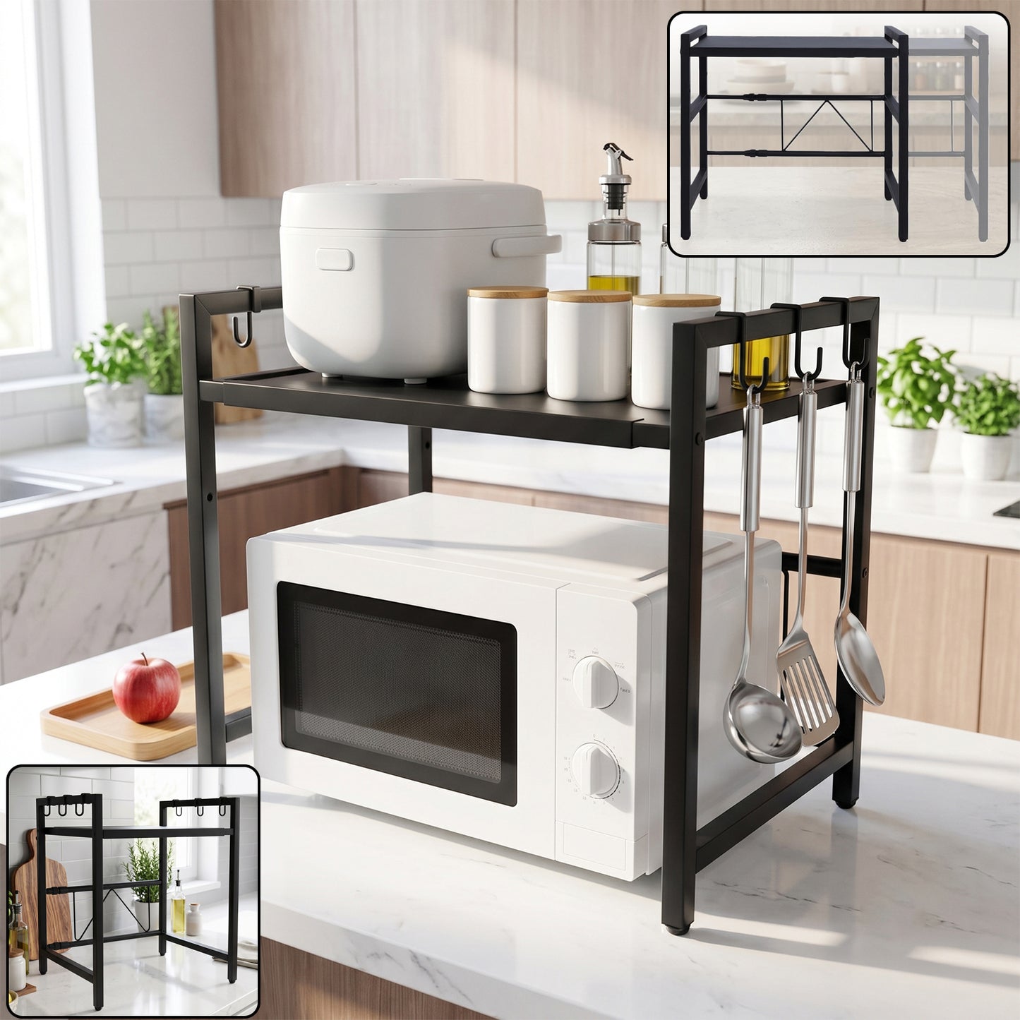 Adjustable Microwave Oven Storage Rack Metal Kitchen Shelf with Hooks (1 Pc)