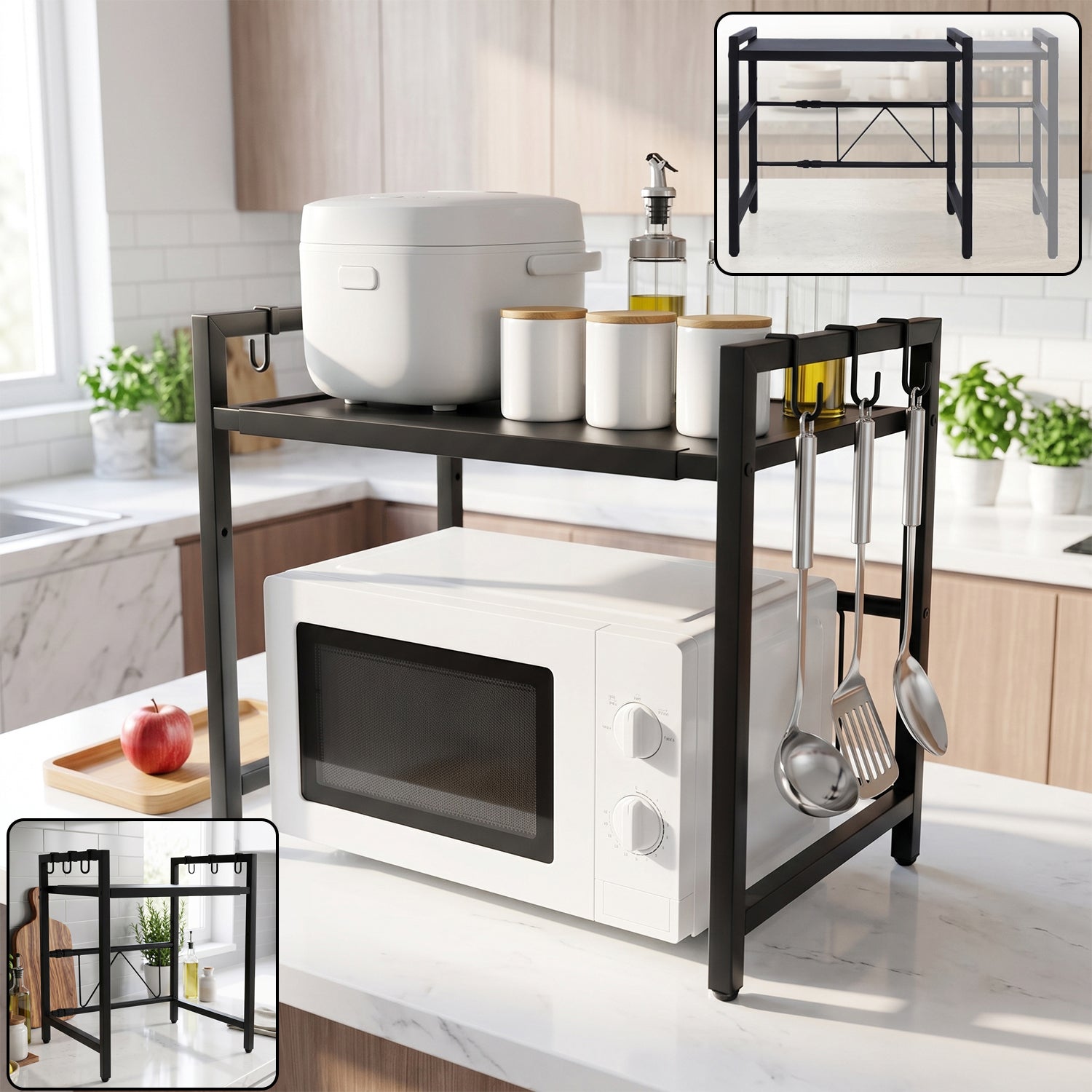 Adjustable Microwave Oven Storage Rack Metal Kitchen Shelf with Hooks (1 Pc)