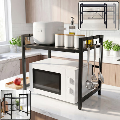 Adjustable Microwave Oven Storage Rack Metal Kitchen Shelf with Hooks (1 Pc)
