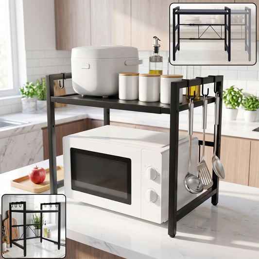 Adjustable microwave oven storage rack metal kitchen shelf with hooks