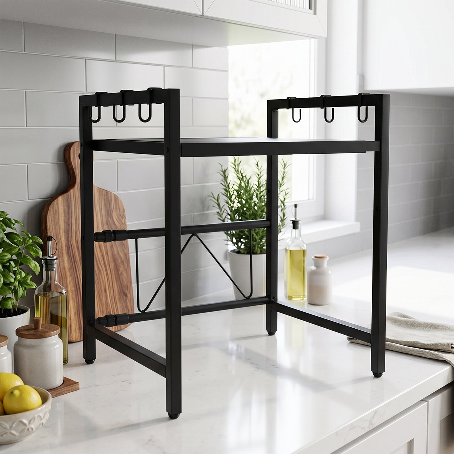 Adjustable Microwave Oven Storage Rack Metal Kitchen Shelf with Hooks (1 Pc)