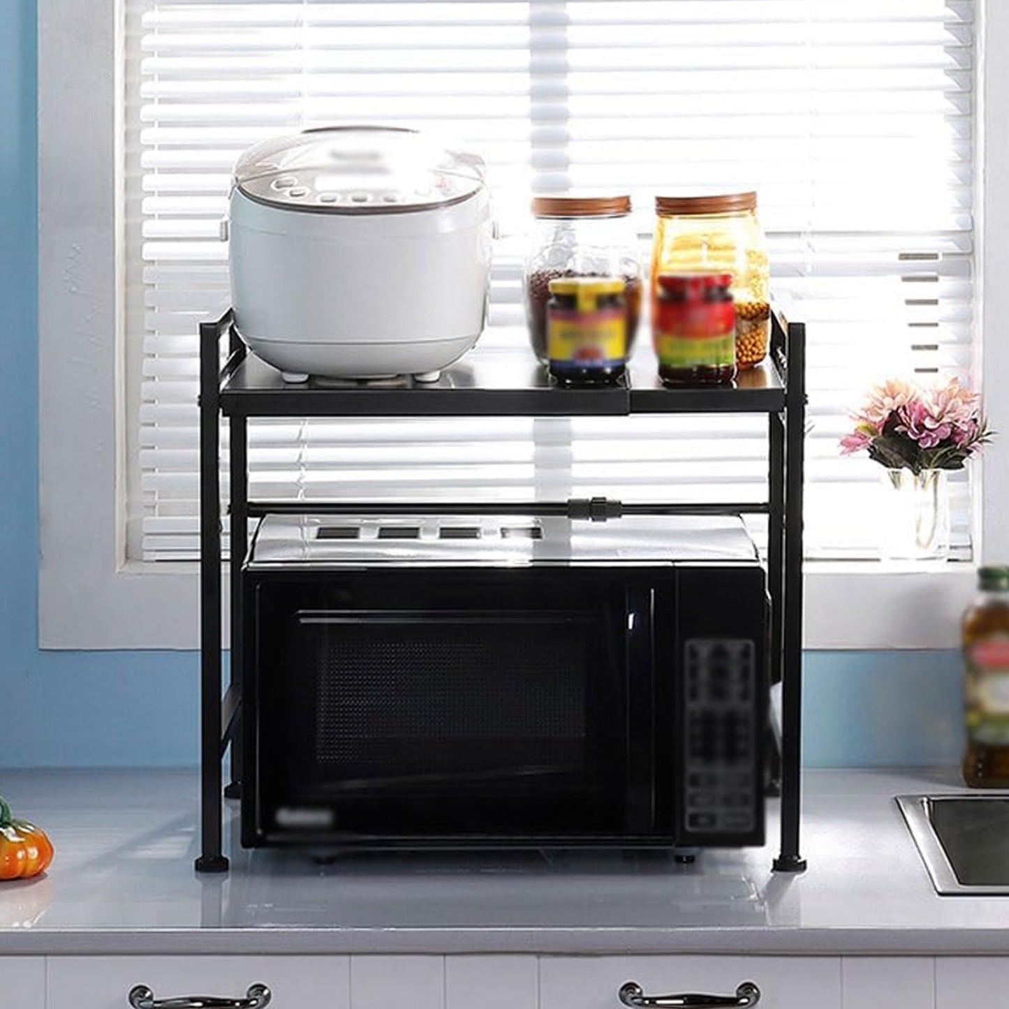 Adjustable Microwave Oven Storage Rack Metal Kitchen Shelf with Hooks (1 Pc)