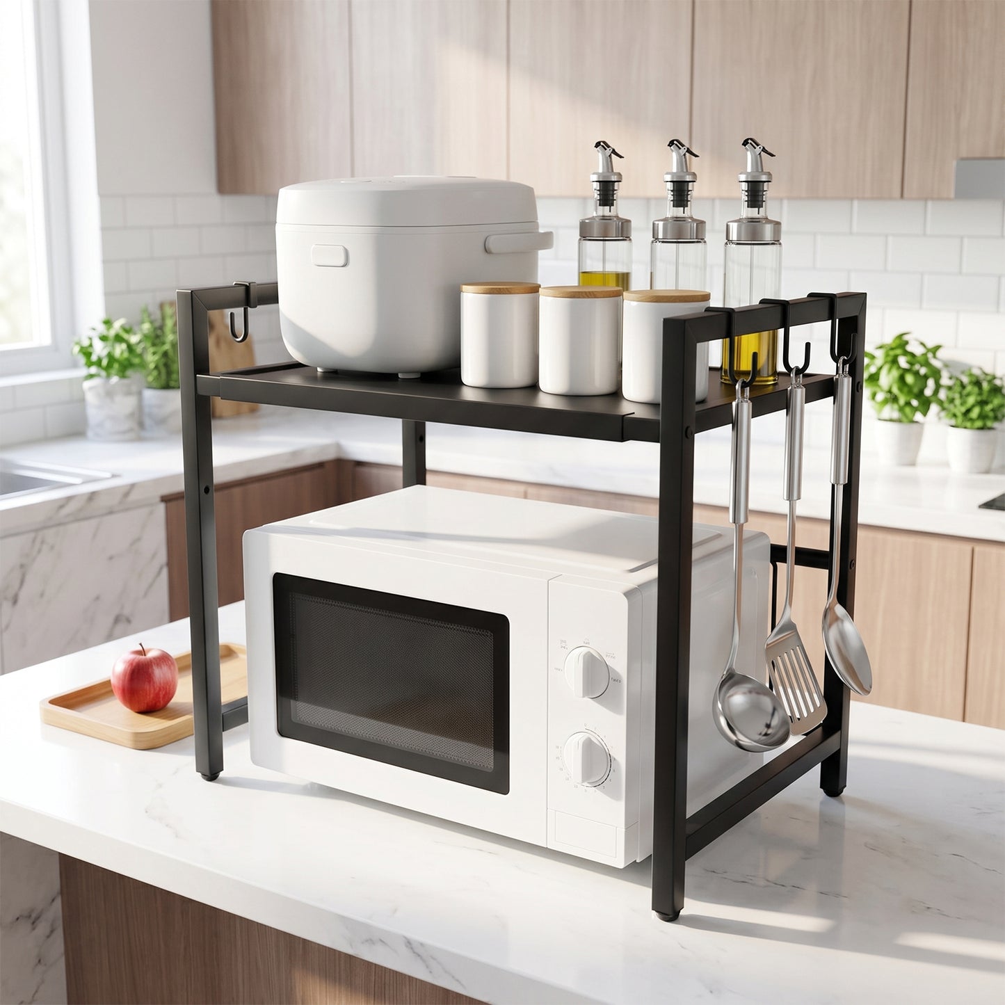 Adjustable Microwave Oven Storage Rack Metal Kitchen Shelf with Hooks (1 Pc)