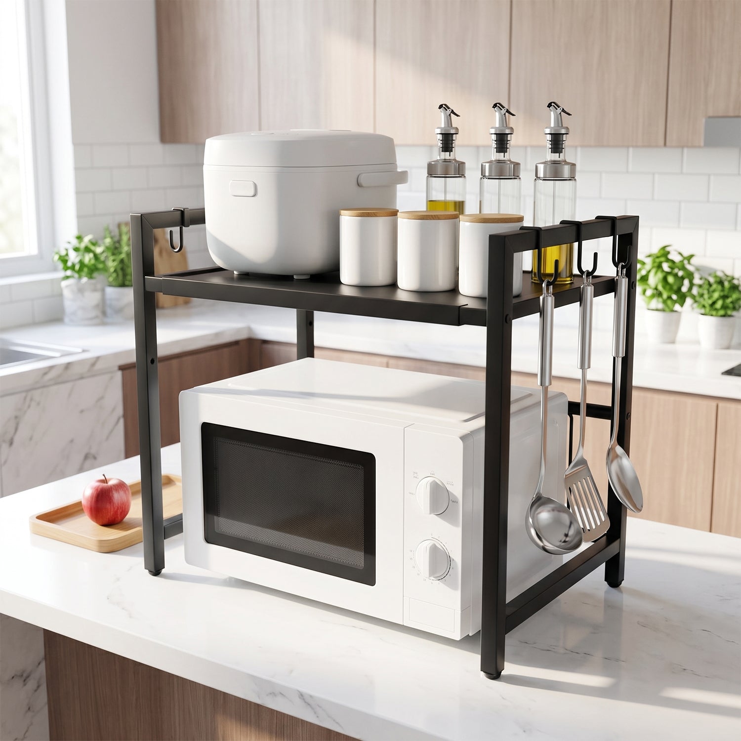 Adjustable Microwave Oven Storage Rack Metal Kitchen Shelf with Hooks (1 Pc)