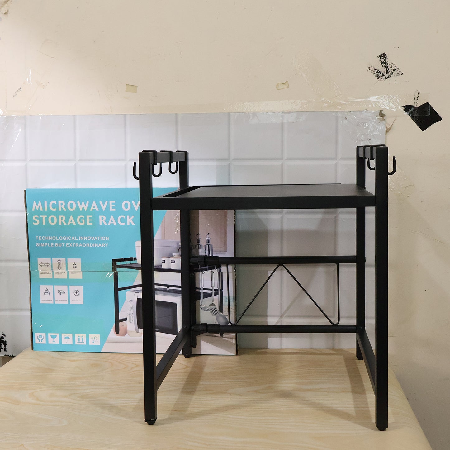 Adjustable Microwave Oven Storage Rack Metal Kitchen Shelf with Hooks (1 Pc)