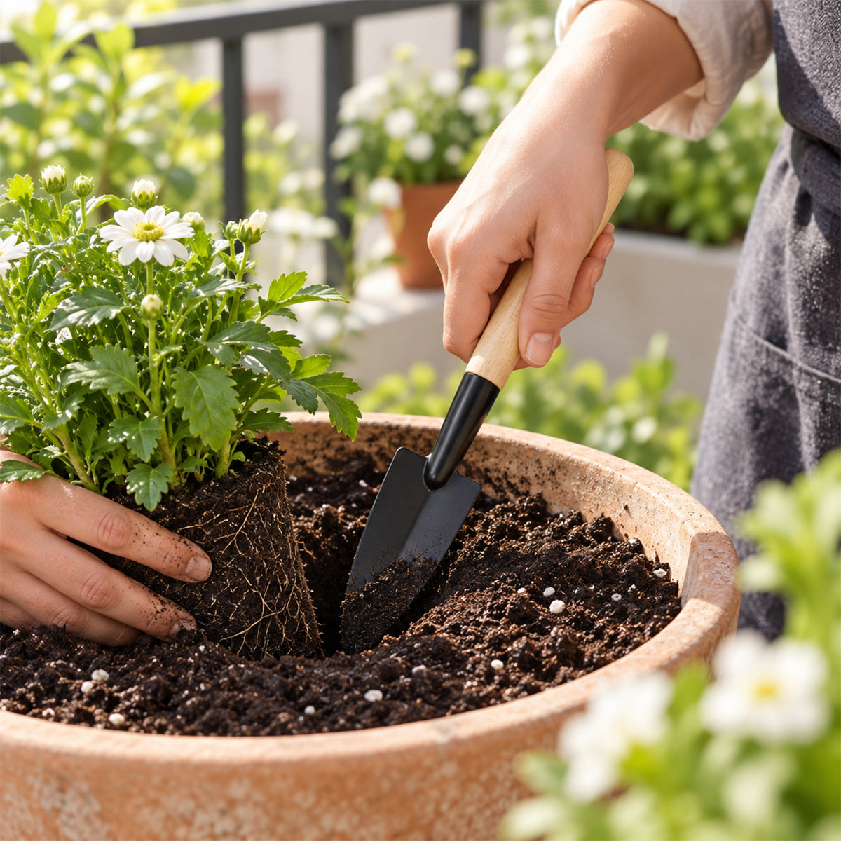 A person uses a small trowel to dig soil in a large pot while planting a white flowering plant.