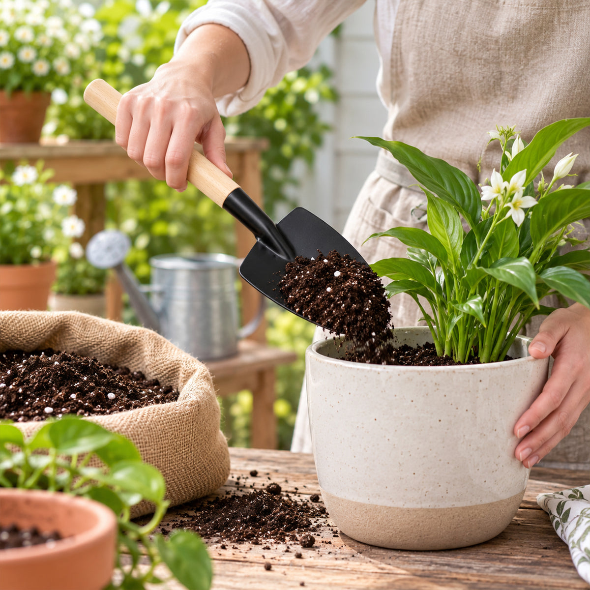 A person scoops soil from a burlap bag with a small trowel into a white ceramic pot with a green plant.