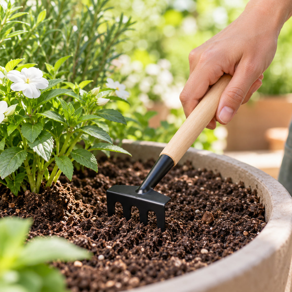 A person uses a small black rake with a wooden handle to loosen soil around a plant in a large pot.
