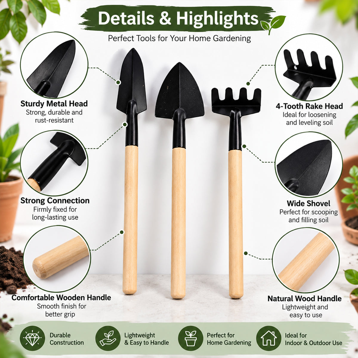 A graphic display of three miniature gardening tools with callouts detailing their features and uses.