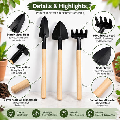 A graphic display of three miniature gardening tools with callouts detailing their features and uses.