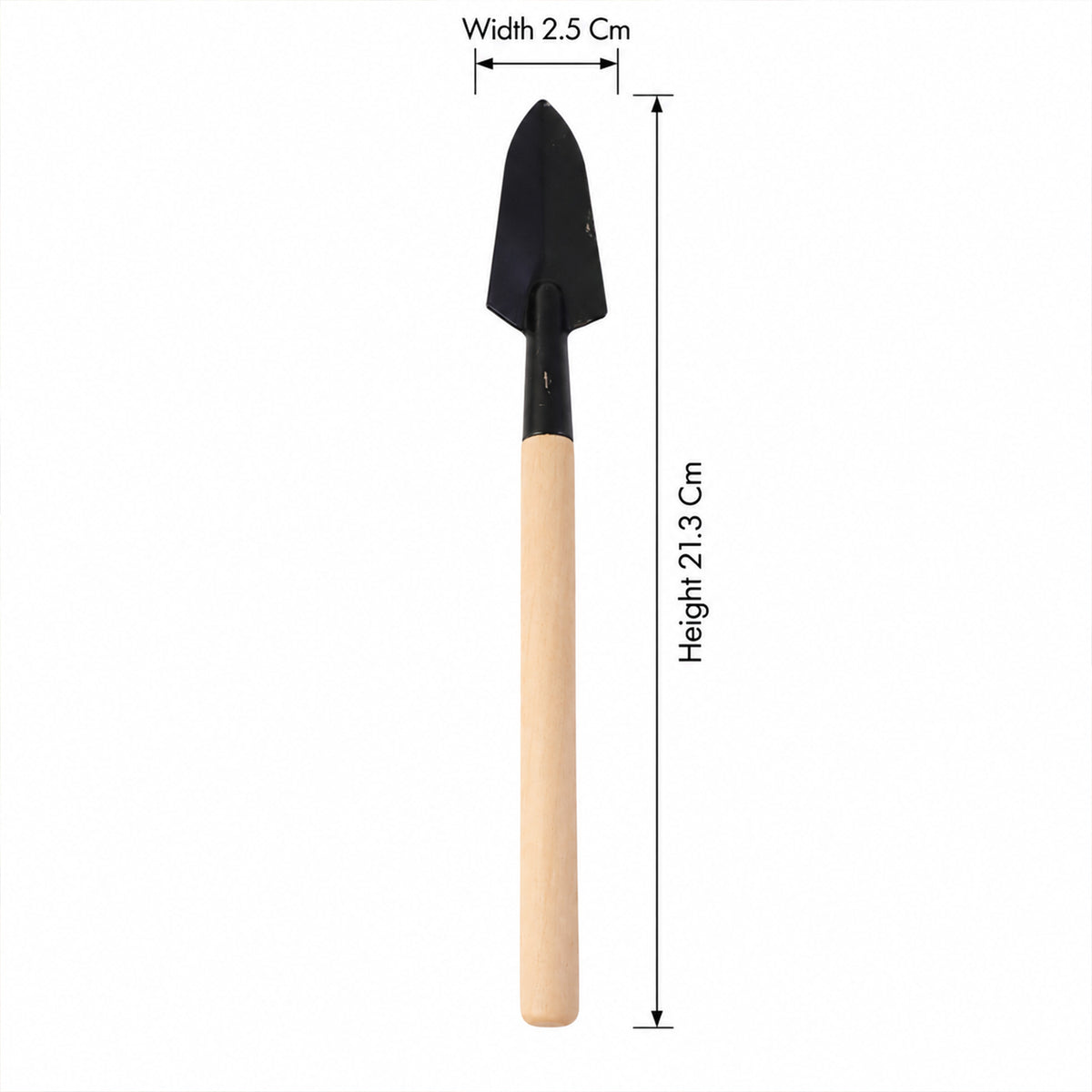 A single black trowel with a light wooden handle is shown with its width and height dimensions indicated.