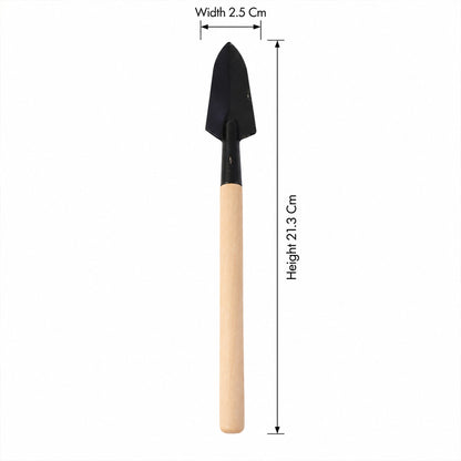 A single black trowel with a light wooden handle is shown with its width and height dimensions indicated.