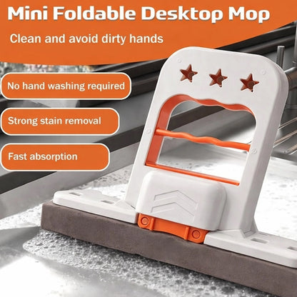 A white and orange mini mop with a gray sponge is shown cleaning a foamy sink, with text highlighting its features.