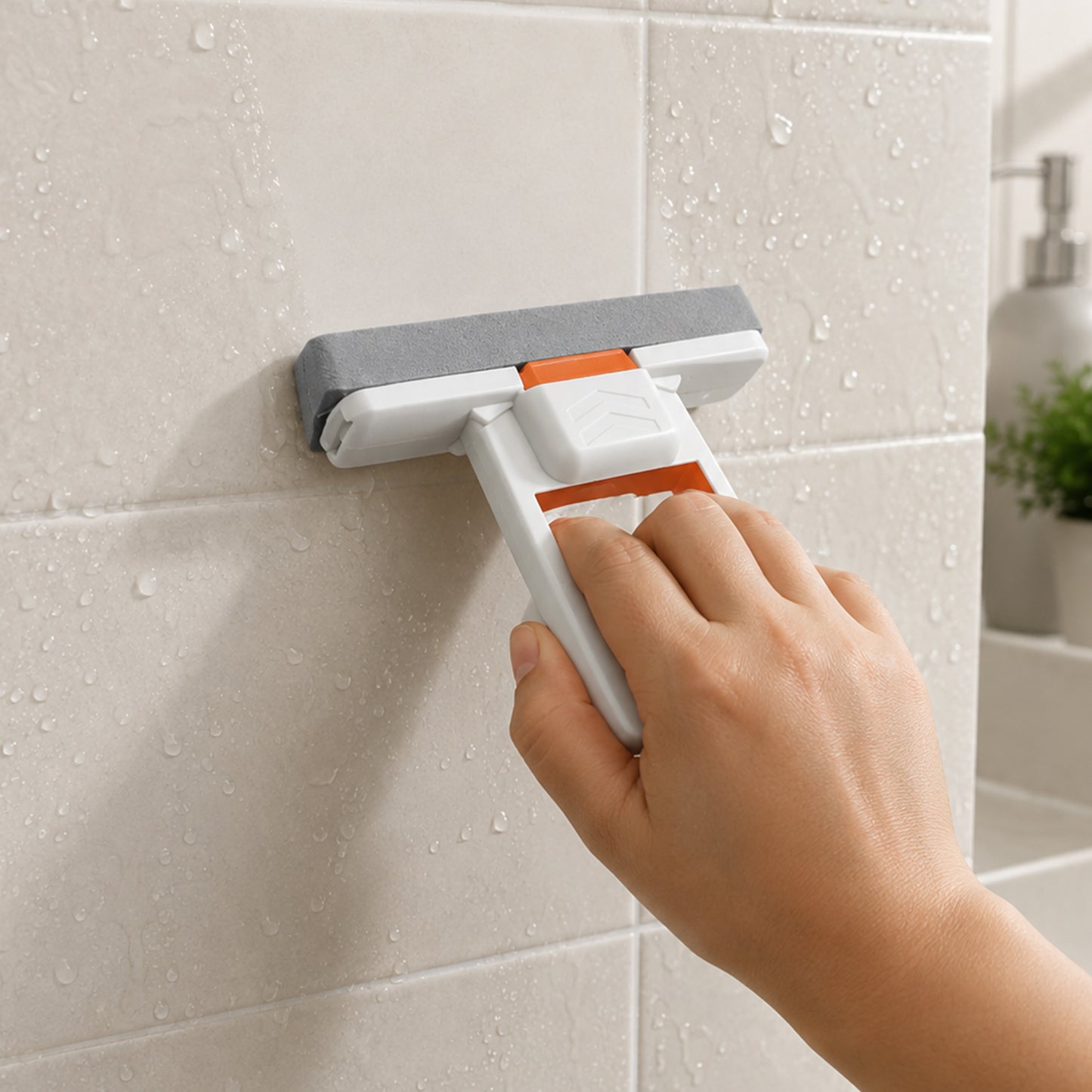 A hand holds a white and orange mini mop with a gray sponge, cleaning a tiled wall with water droplets in a bathroom setting.