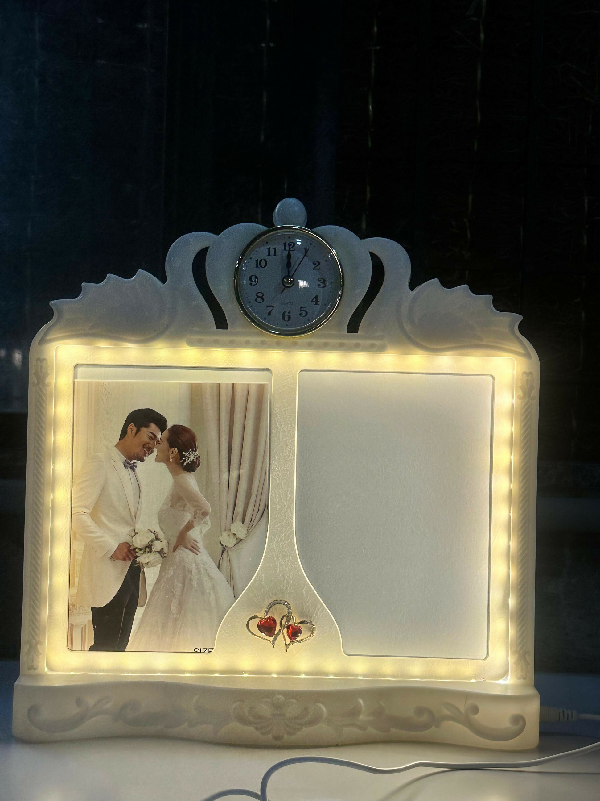 Elegant Dual Photo Frame with Built-in Clock and LED Lights | Wedding Couple Picture Frame with Red Heart Accents | Decorative Romantic Gift for Anniversary, Valentine, or Home Décor Table Display