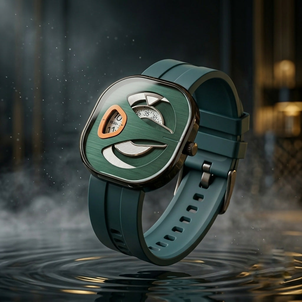 Green watch with a textured metallic face and orange time indicator, resting on a reflective surface with water ripples.
