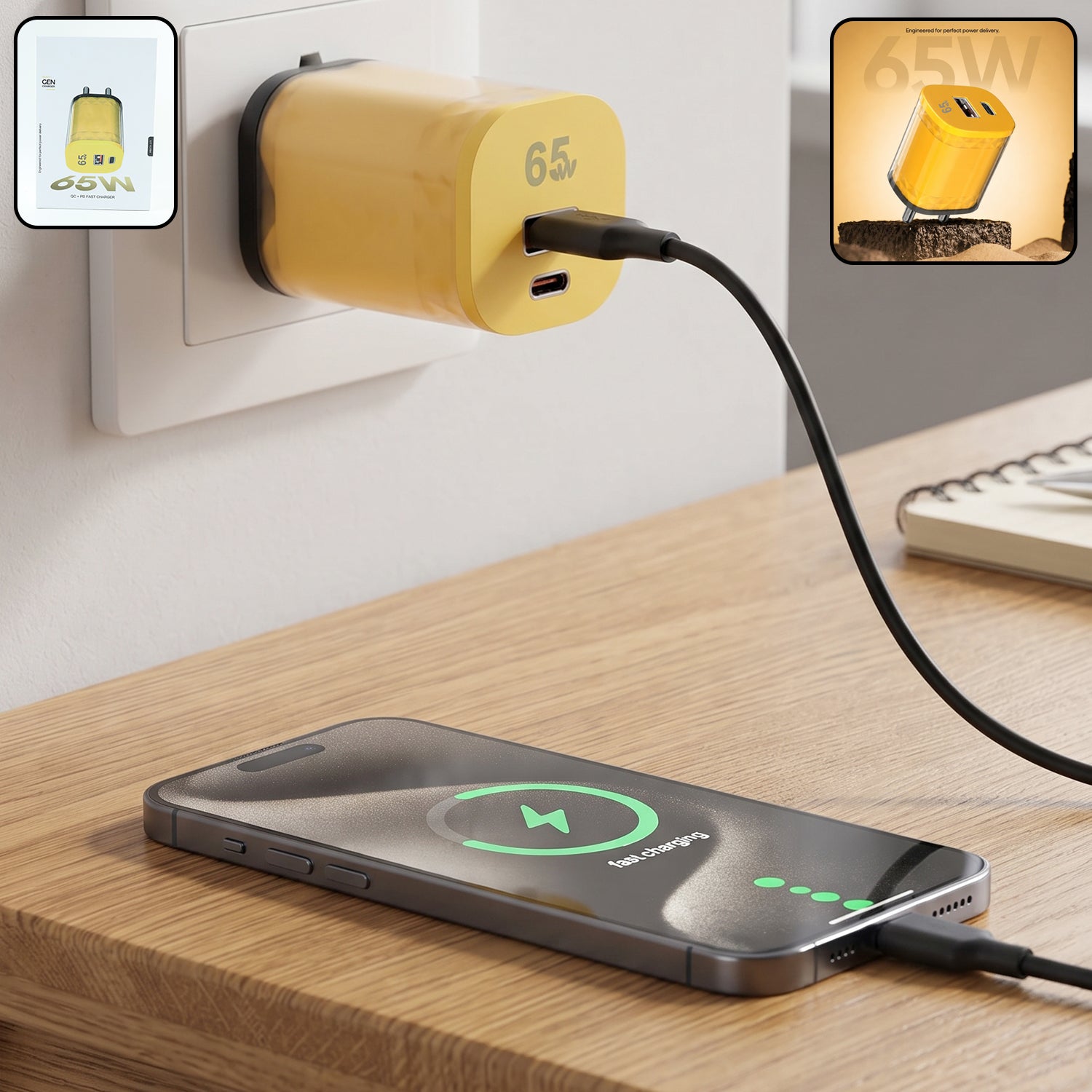 65W Fast Charger Adapter Dual Port USB A and Type C PD Wall Charger (1 Pc)