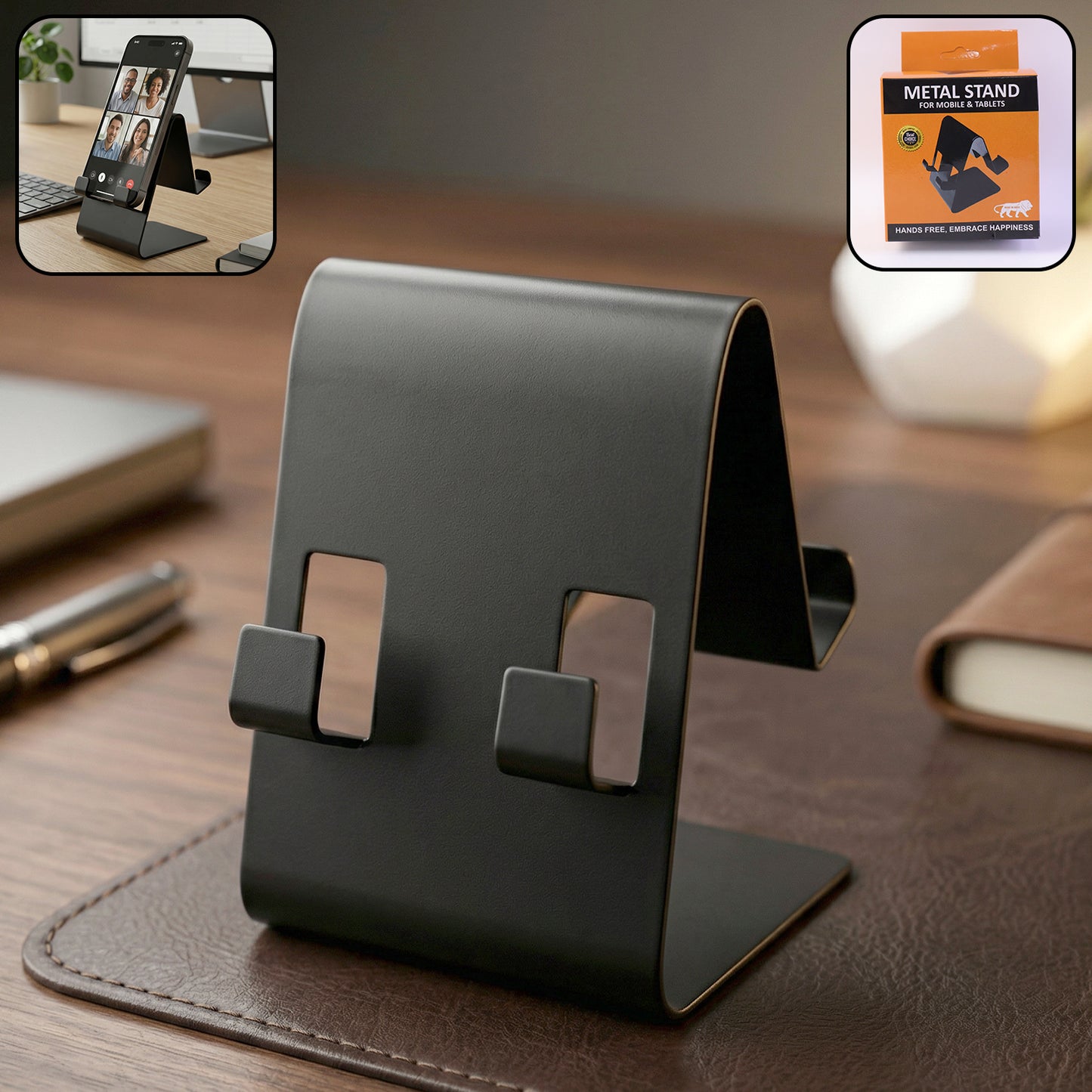 Black metal mobile and tablet stand